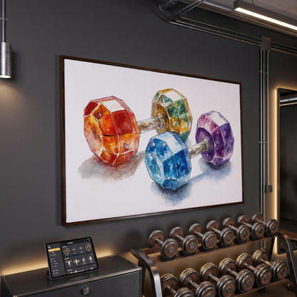 Vibrant Dumbbells Canvas Print for Gym Decor in dark walnut floating frame