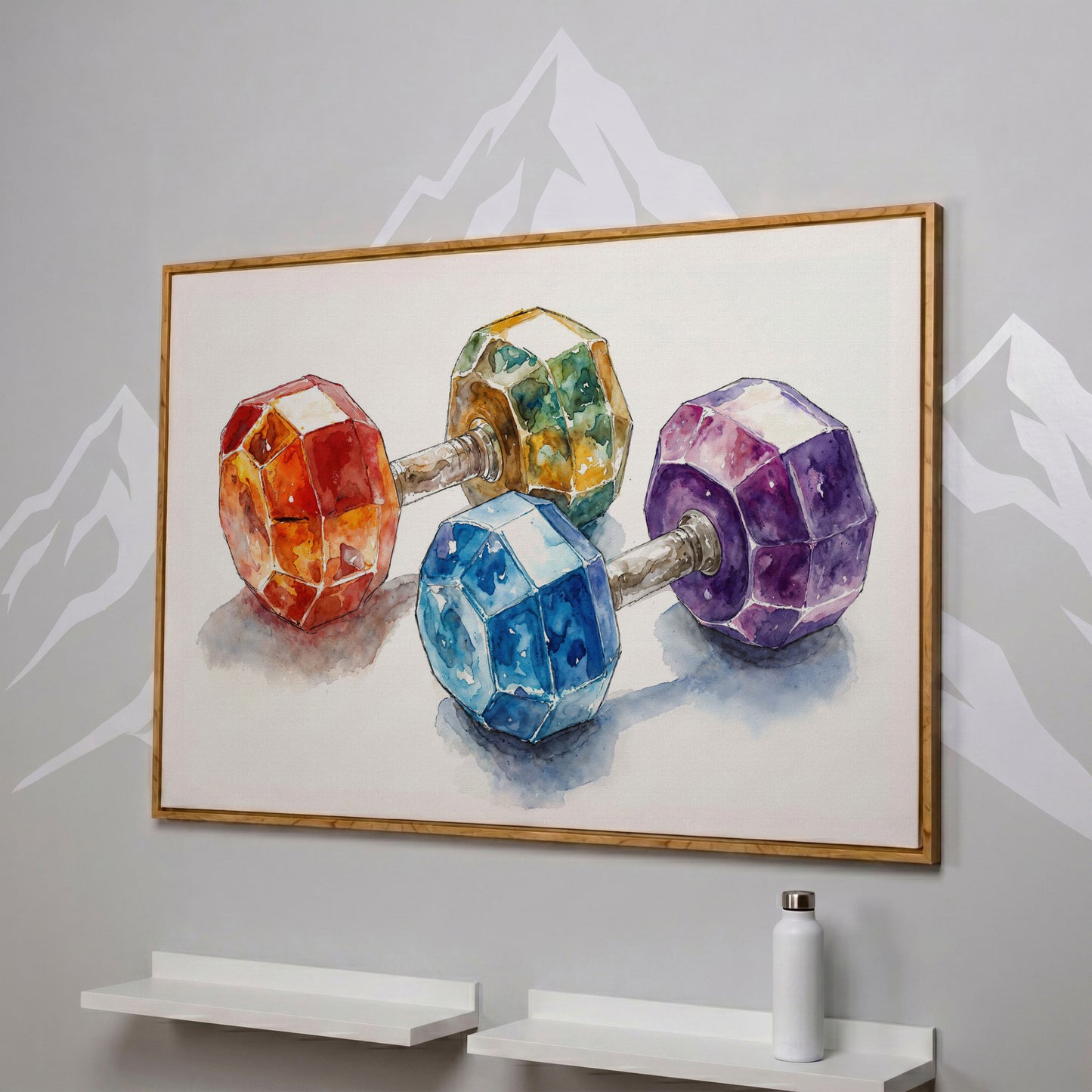 Vibrant Dumbbells Canvas Print for Gym Decor in white oak floating frame