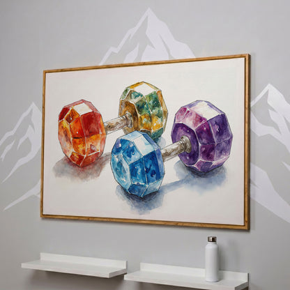 Vibrant Dumbbells Canvas Print for Gym Decor in white oak floating frame