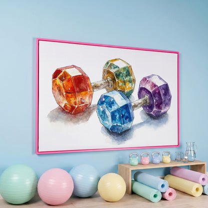 Vibrant Dumbbells Canvas Print for Gym Decor in pink floating frame