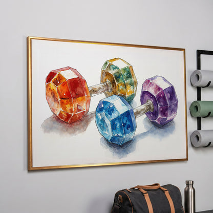 Vibrant Dumbbells Canvas Print for Gym Decor in rose gold floating frame