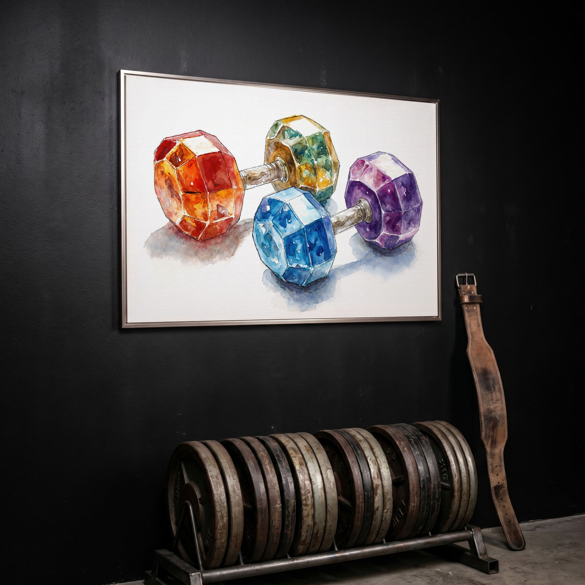 Vibrant Dumbbells Canvas Print for Gym Decor in silver floating frame