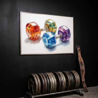 Vibrant Dumbbells Canvas Print for Gym Decor in silver floating frame