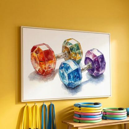 Vibrant Dumbbells Canvas Print for Gym Decor in white floating frame
