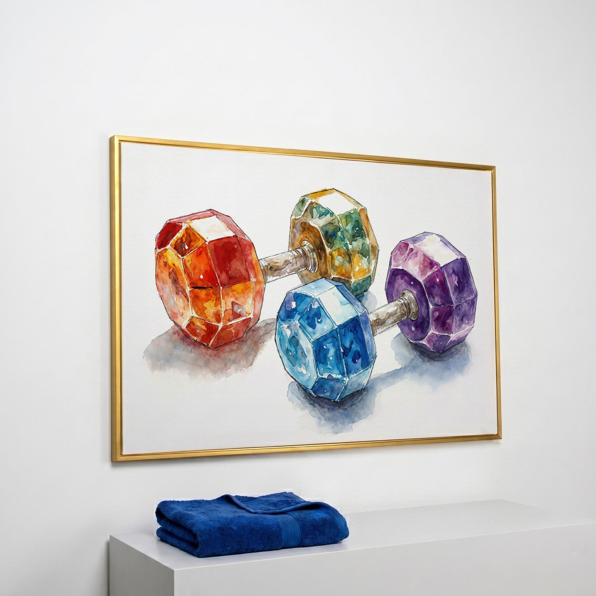 Vibrant Dumbbells Canvas Print for Gym Decor in yellow gold floating frame