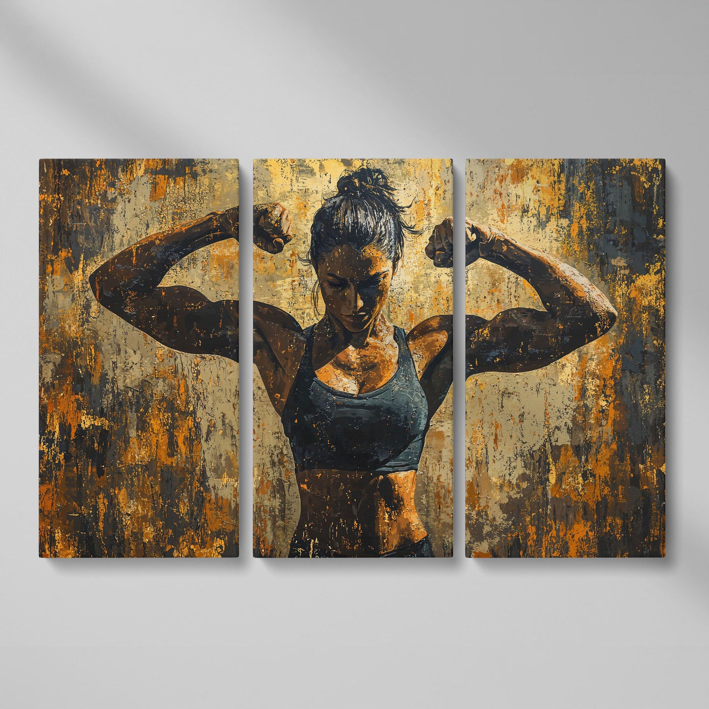 Female Athlete Canvas Print in Ochre and Burnt Sienna as 3-panel split version