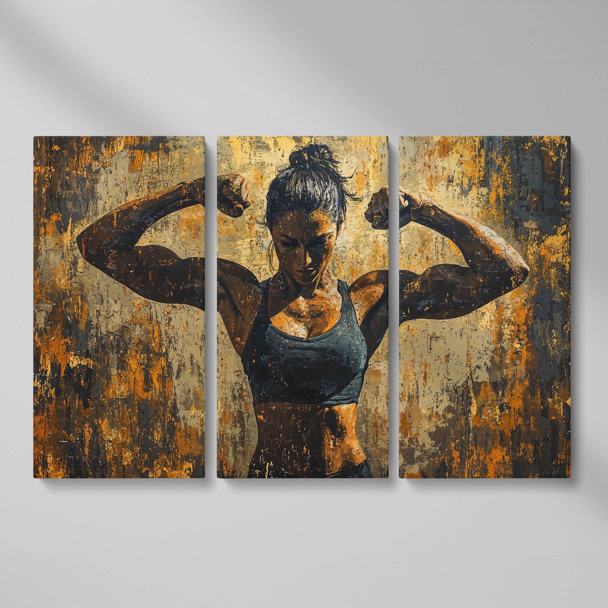 Female Athlete Canvas Print in Ochre and Burnt Sienna as 3-panel split version