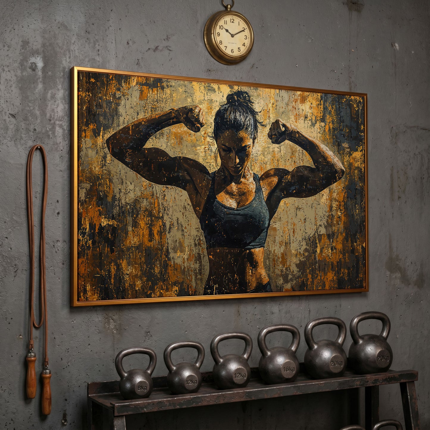 Female Athlete Canvas Print in Ochre and Burnt Sienna in antique gold floating frame