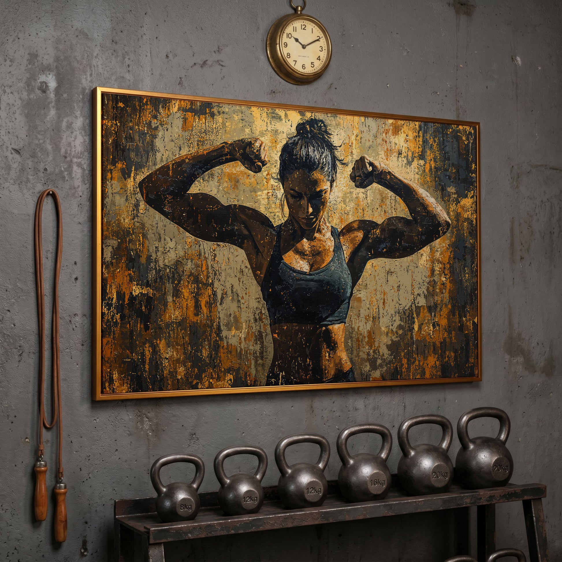 Female Athlete Canvas Print in Ochre and Burnt Sienna in antique gold floating frame