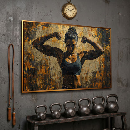 Female Athlete Canvas Print in Ochre and Burnt Sienna in antique gold floating frame