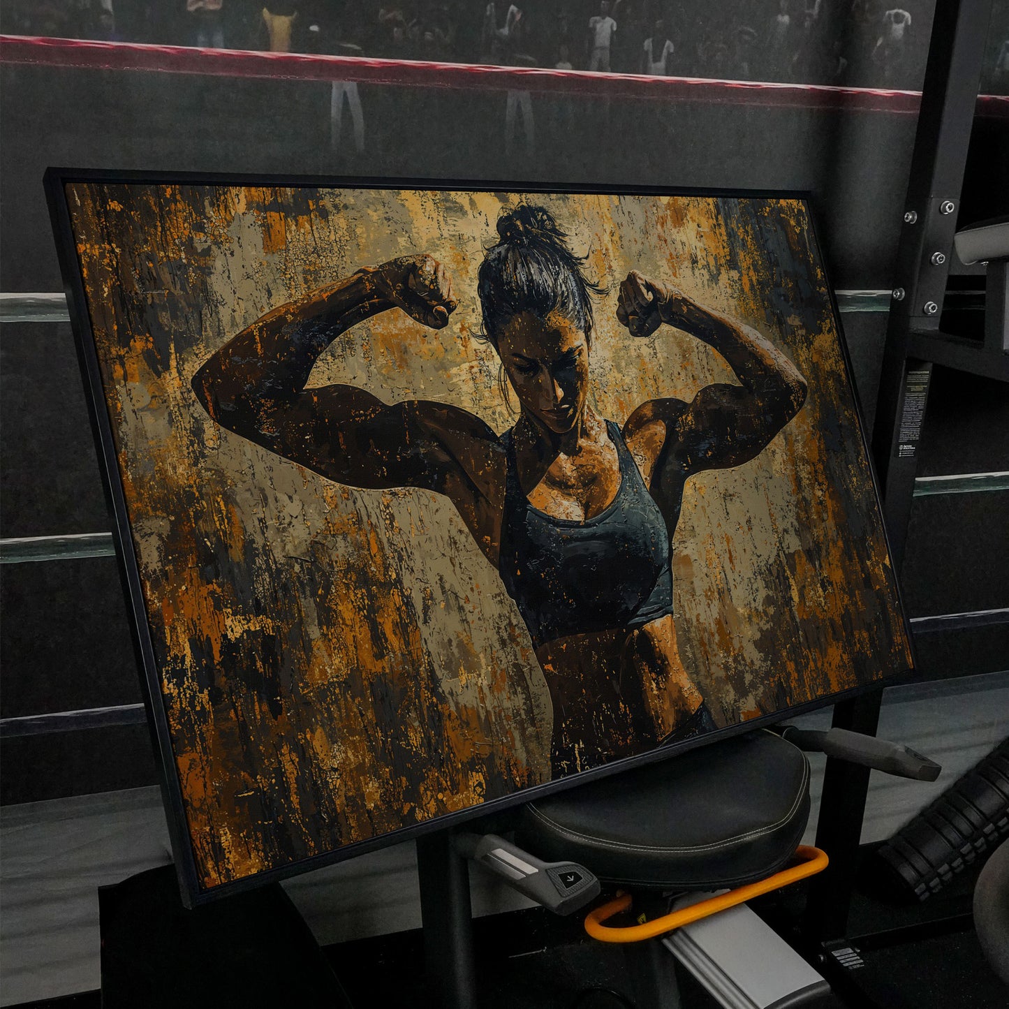Female Athlete Canvas Print in Ochre and Burnt Sienna in black floating frame