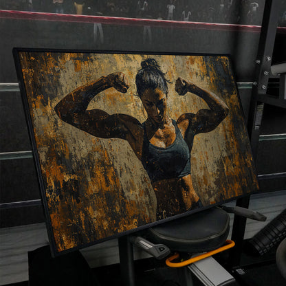 Female Athlete Canvas Print in Ochre and Burnt Sienna in black floating frame