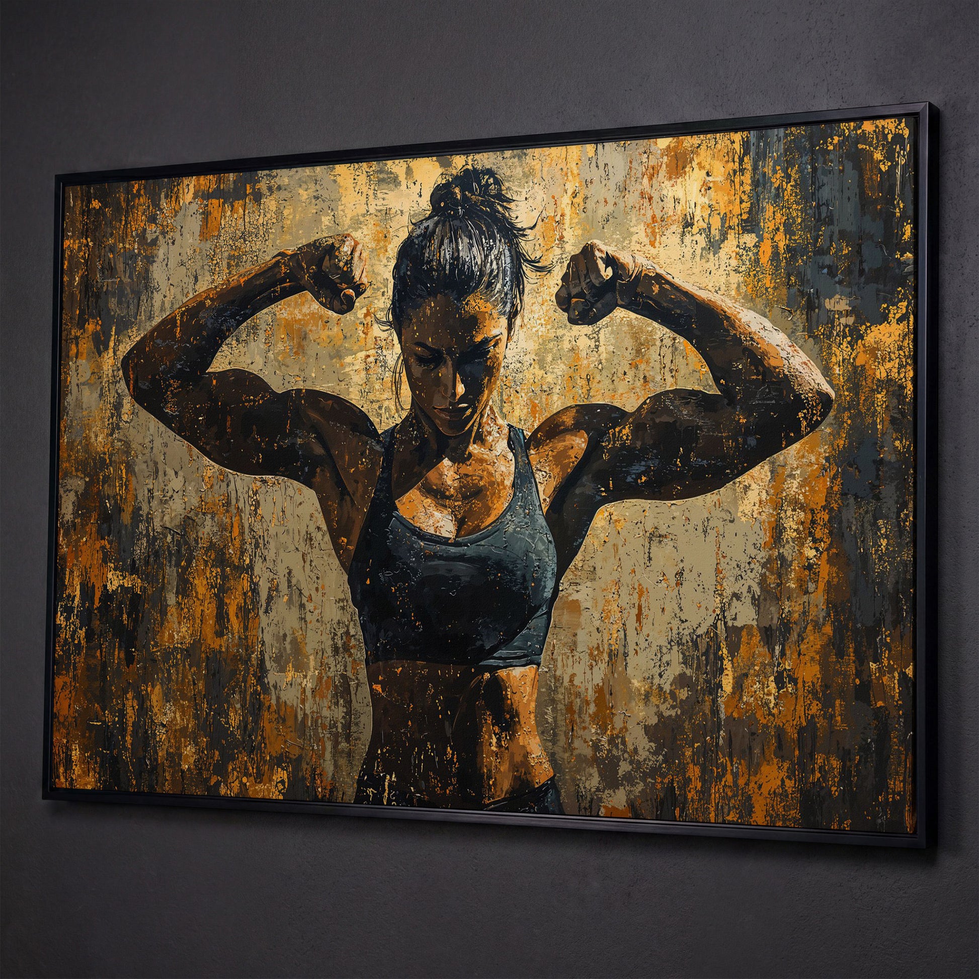 Female Athlete Canvas Print in Ochre and Burnt Sienna shown in black floating frame