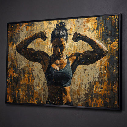 Female Athlete Canvas Print in Ochre and Burnt Sienna shown in black floating frame