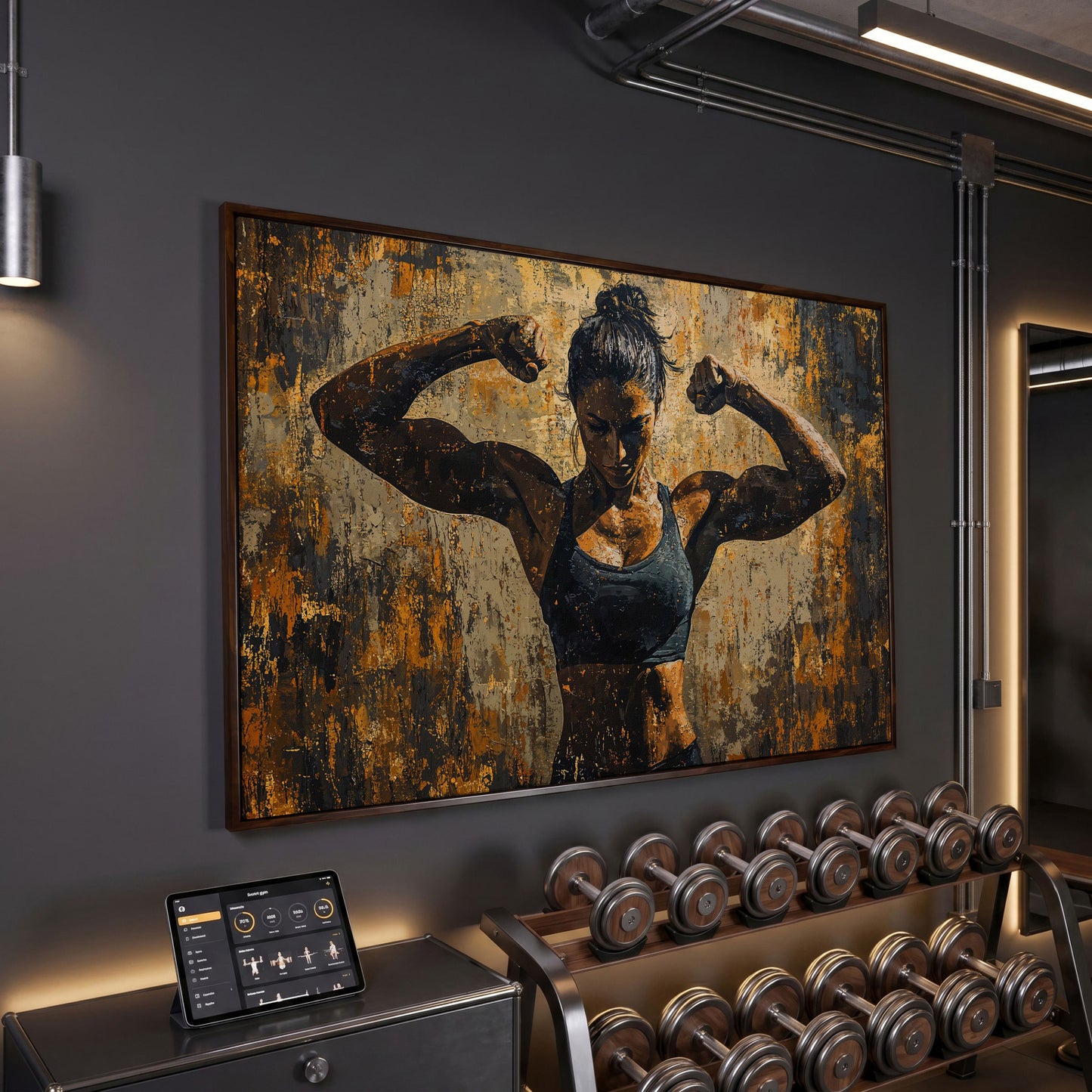 Female Athlete Canvas Print in Ochre and Burnt Sienna in dark walnut floating frame