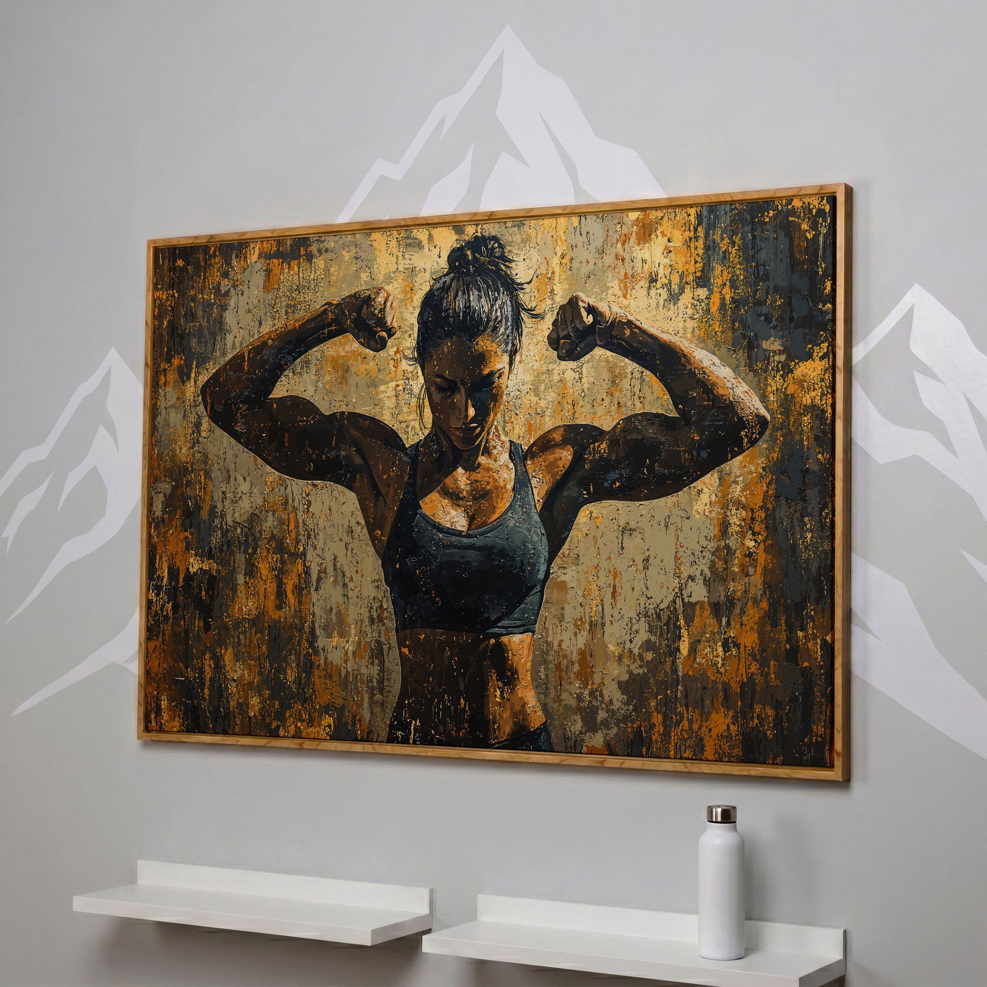 Female Athlete Canvas Print in Ochre and Burnt Sienna in white oak floating frame
