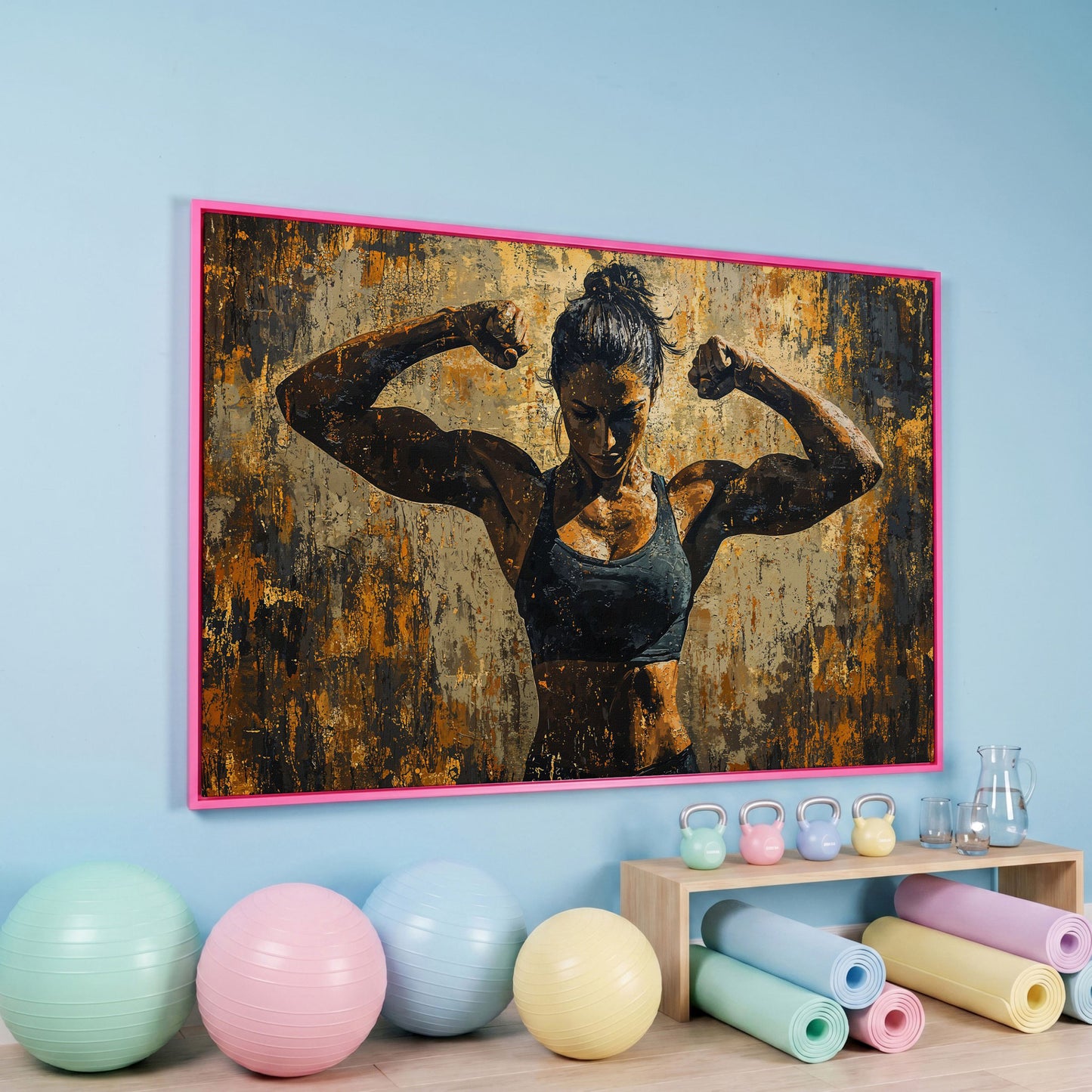 Female Athlete Canvas Print in Ochre and Burnt Sienna in pink floating frame