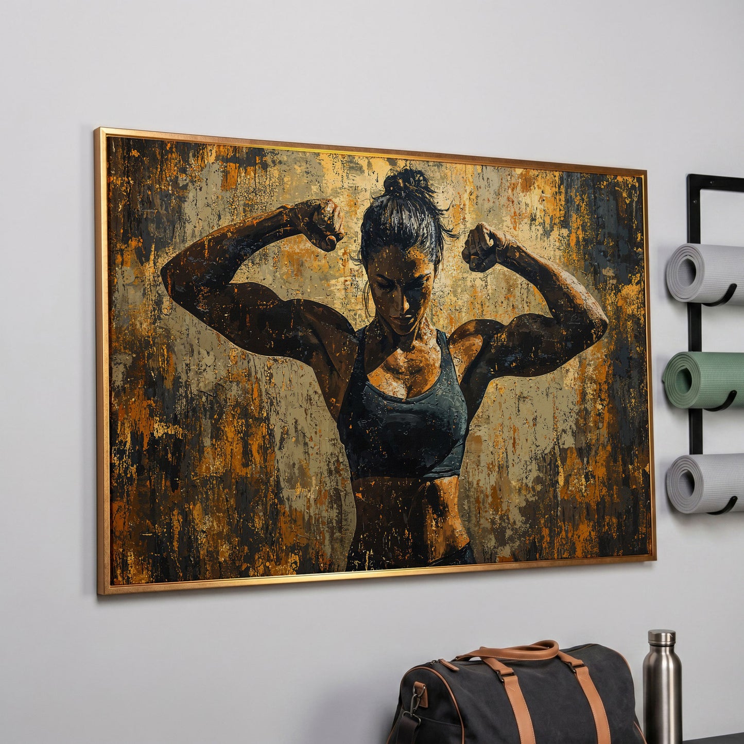 Female Athlete Canvas Print in Ochre and Burnt Sienna in rose gold floating frame