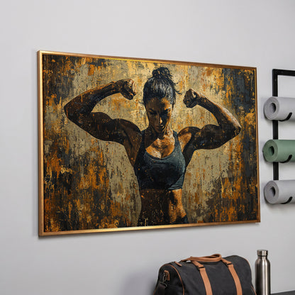 Female Athlete Canvas Print in Ochre and Burnt Sienna in rose gold floating frame