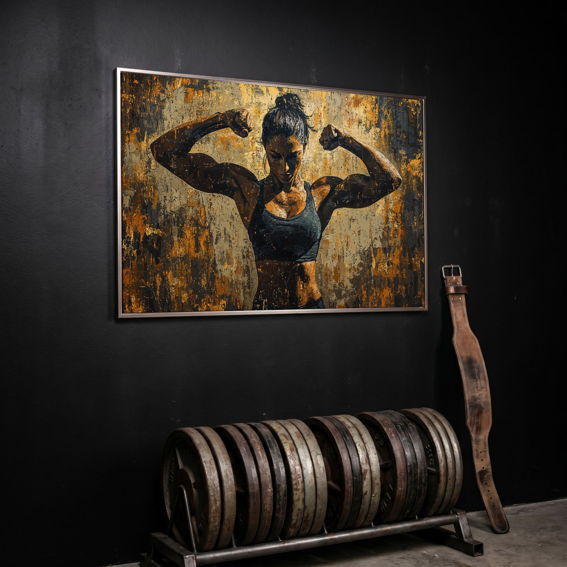 Female Athlete Canvas Print in Ochre and Burnt Sienna in silver floating frame