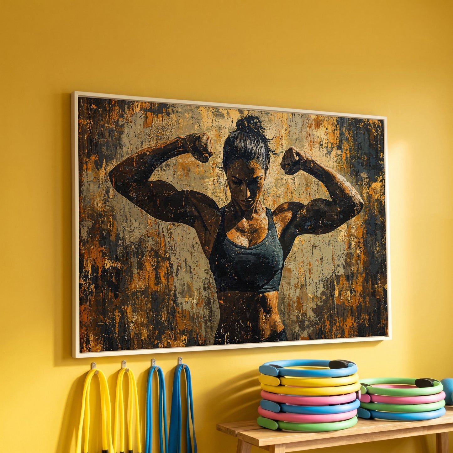 Female Athlete Canvas Print in Ochre and Burnt Sienna in white floating frame
