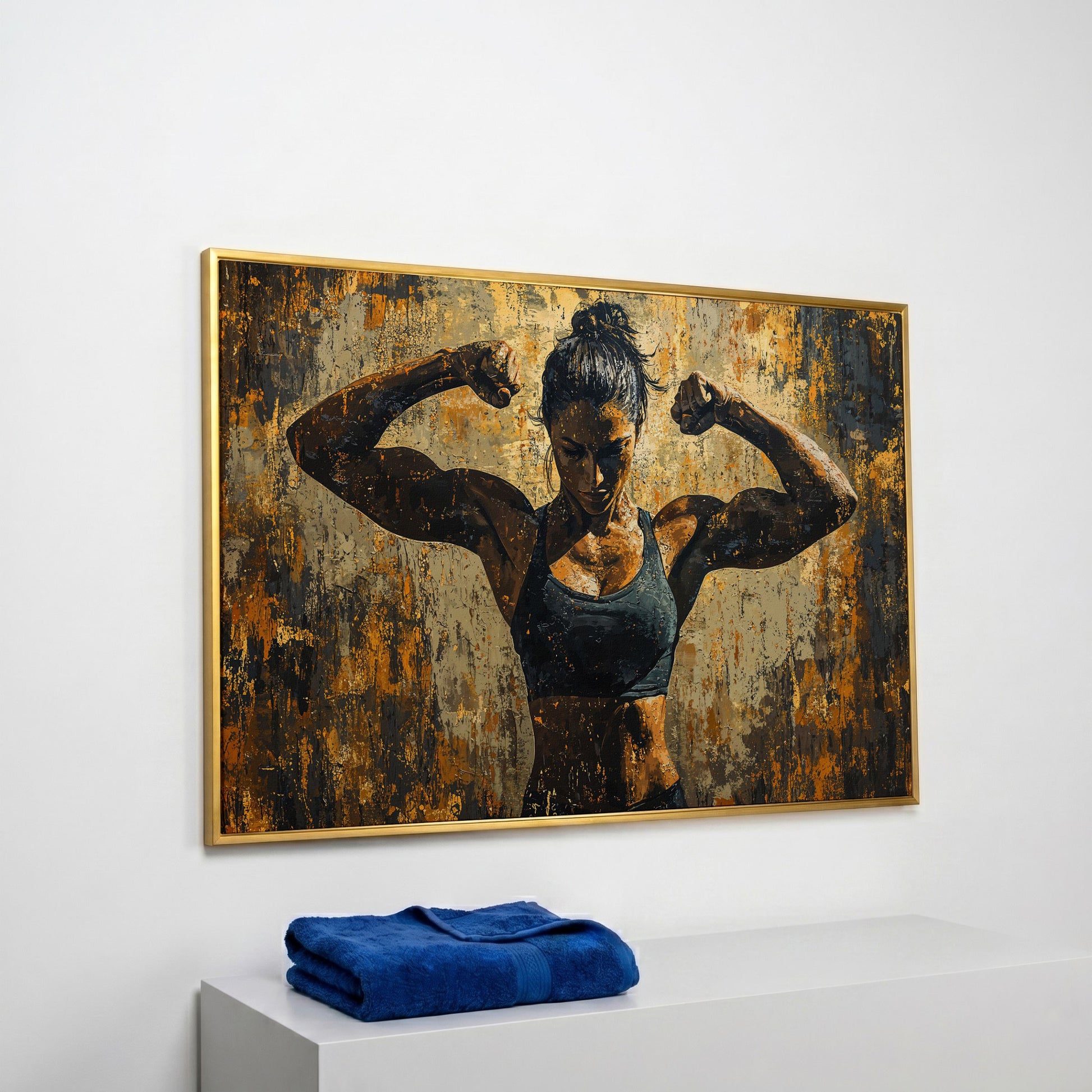 Female Athlete Canvas Print in Ochre and Burnt Sienna in yellow gold floating frame