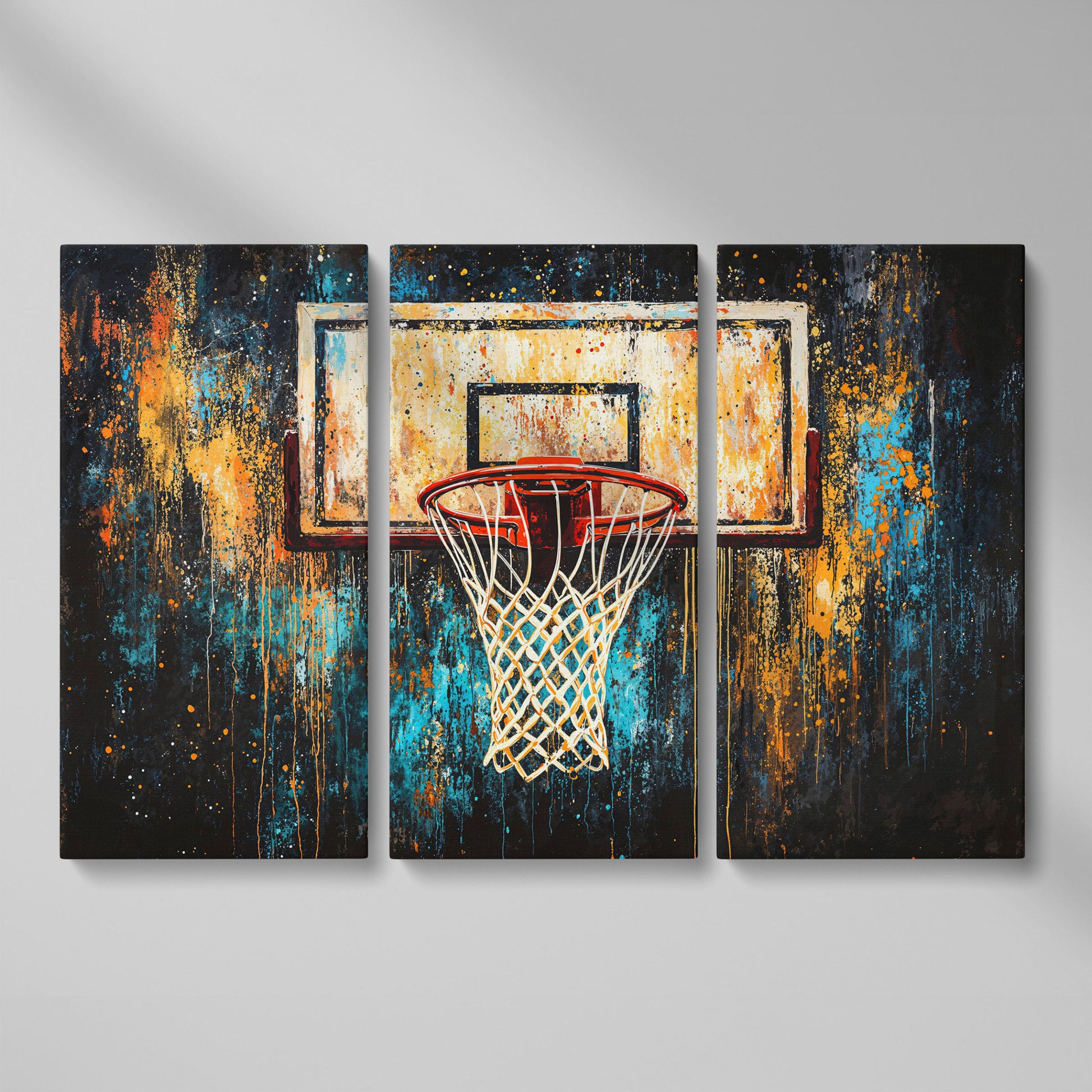 Abstract Basketball Hoop Canvas with Burnt Sienna and Teal as 3-panel split version