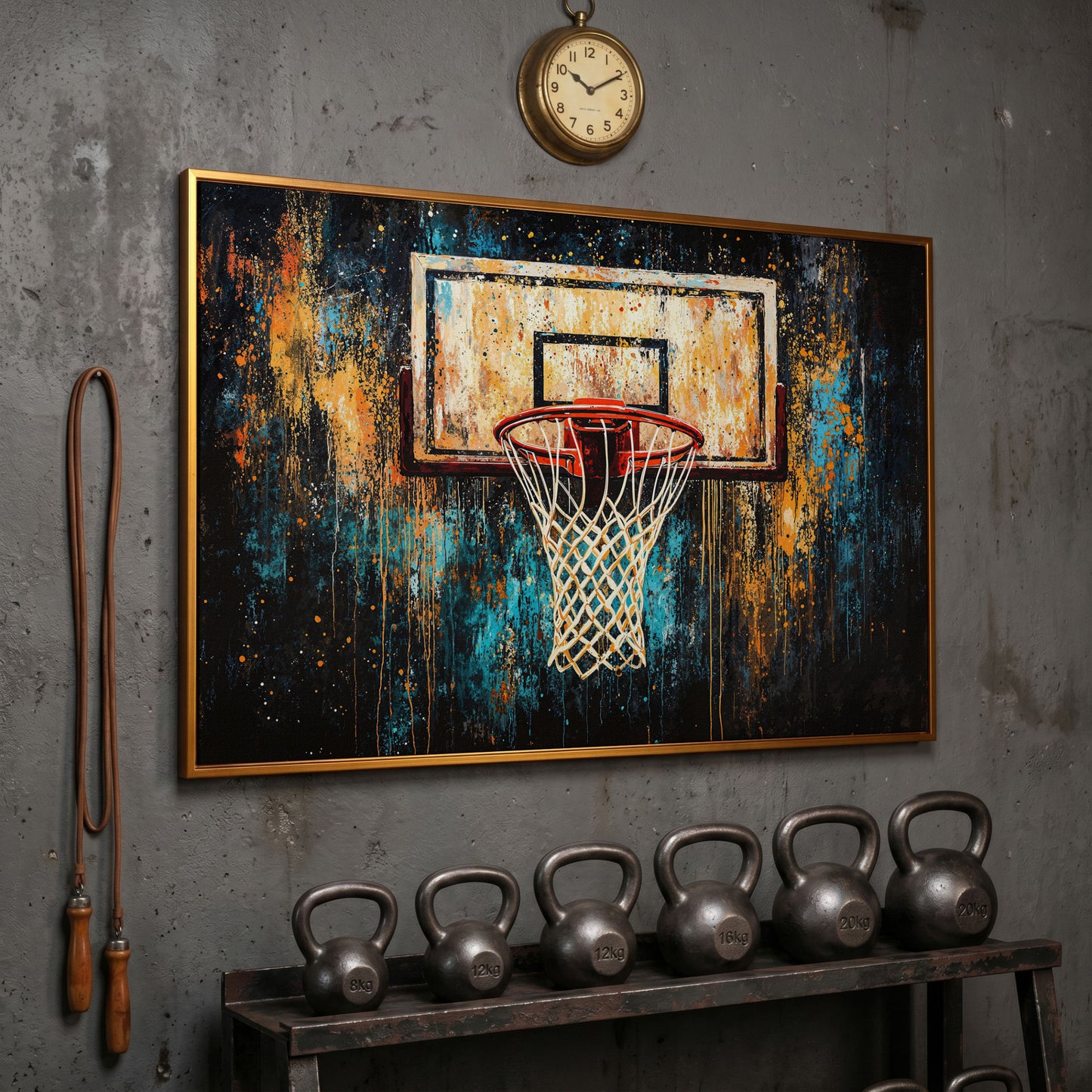 Abstract Basketball Hoop Canvas with Burnt Sienna and Teal in antique gold floating frame