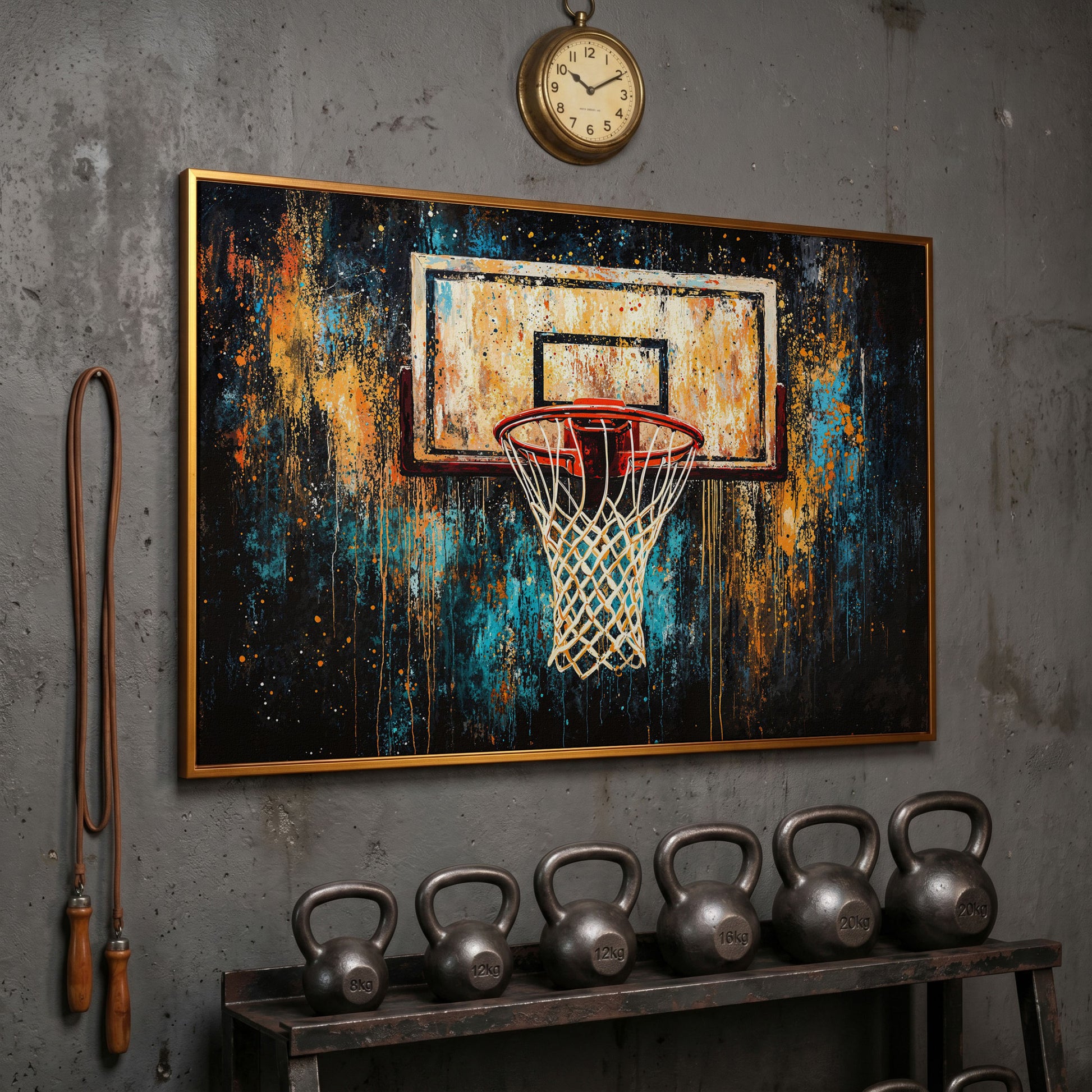 Abstract Basketball Hoop Canvas with Burnt Sienna and Teal in antique gold floating frame