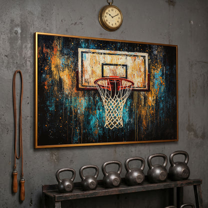 Abstract Basketball Hoop Canvas with Burnt Sienna and Teal in antique gold floating frame