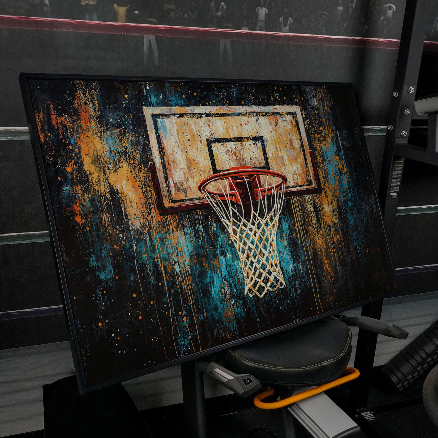 Abstract Basketball Hoop Canvas with Burnt Sienna and Teal in black floating frame