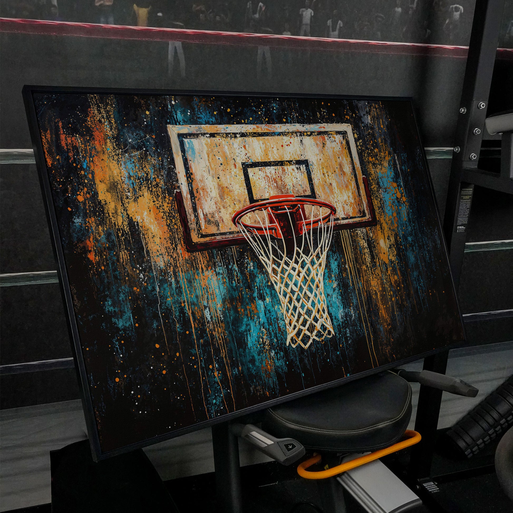 Abstract Basketball Hoop Canvas with Burnt Sienna and Teal in black floating frame