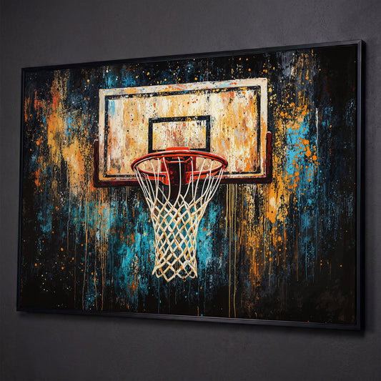 Abstract Basketball Hoop Canvas with Burnt Sienna and Teal shown in black floating frame