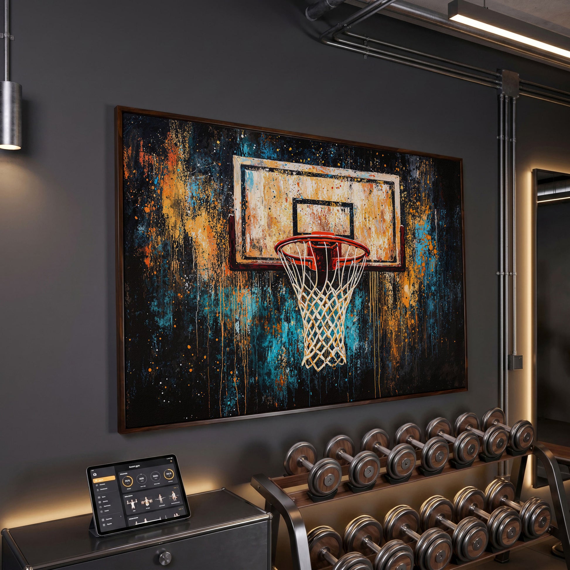 Abstract Basketball Hoop Canvas with Burnt Sienna and Teal in dark walnut floating frame