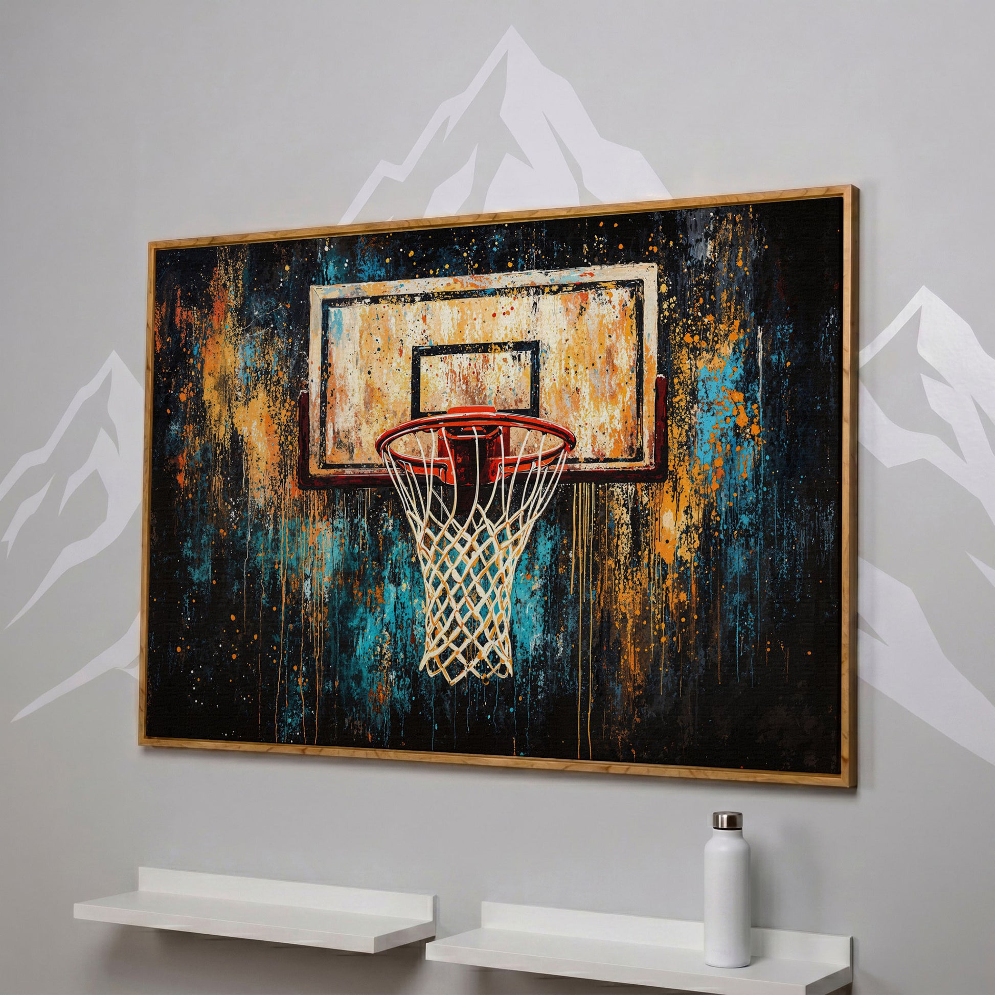 Abstract Basketball Hoop Canvas with Burnt Sienna and Teal in white oak floating frame