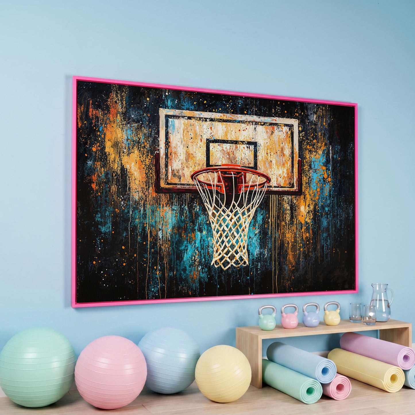 Abstract Basketball Hoop Canvas with Burnt Sienna and Teal in pink floating frame