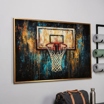 Abstract Basketball Hoop Canvas with Burnt Sienna and Teal in rose gold floating frame