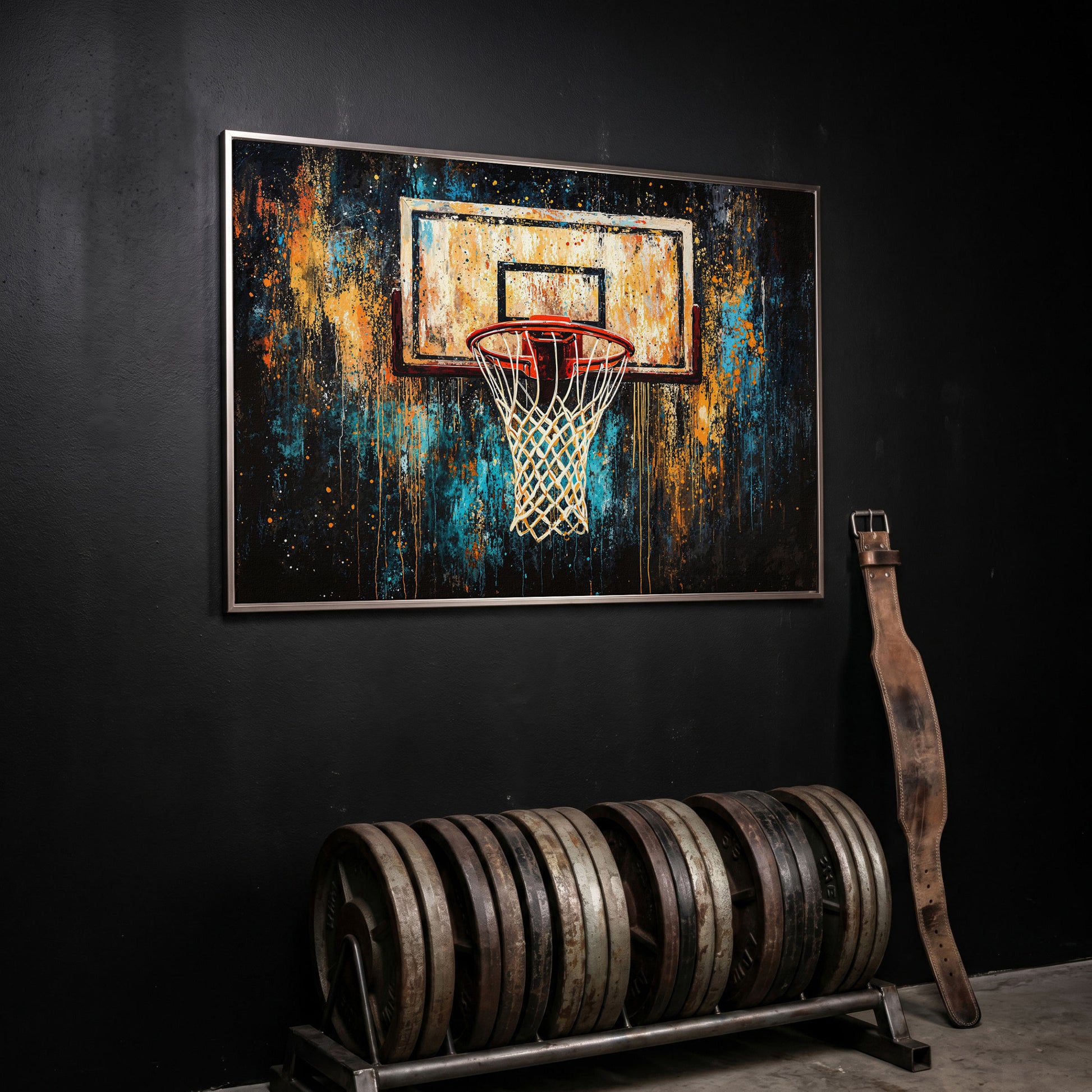 Abstract Basketball Hoop Canvas with Burnt Sienna and Teal in silver floating frame