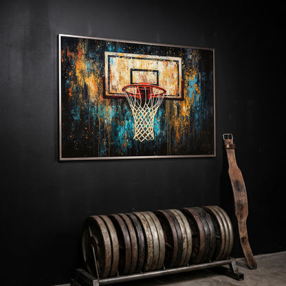 Abstract Basketball Hoop Canvas with Burnt Sienna and Teal in silver floating frame