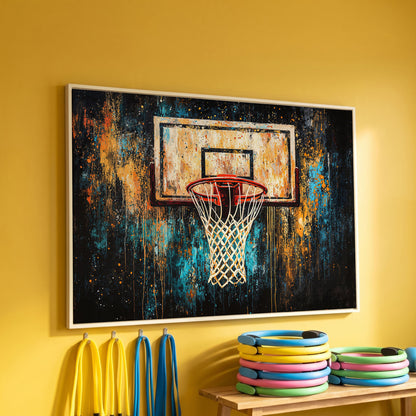 Abstract Basketball Hoop Canvas with Burnt Sienna and Teal in white floating frame