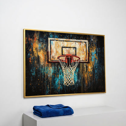 Abstract Basketball Hoop Canvas with Burnt Sienna and Teal in yellow gold floating frame