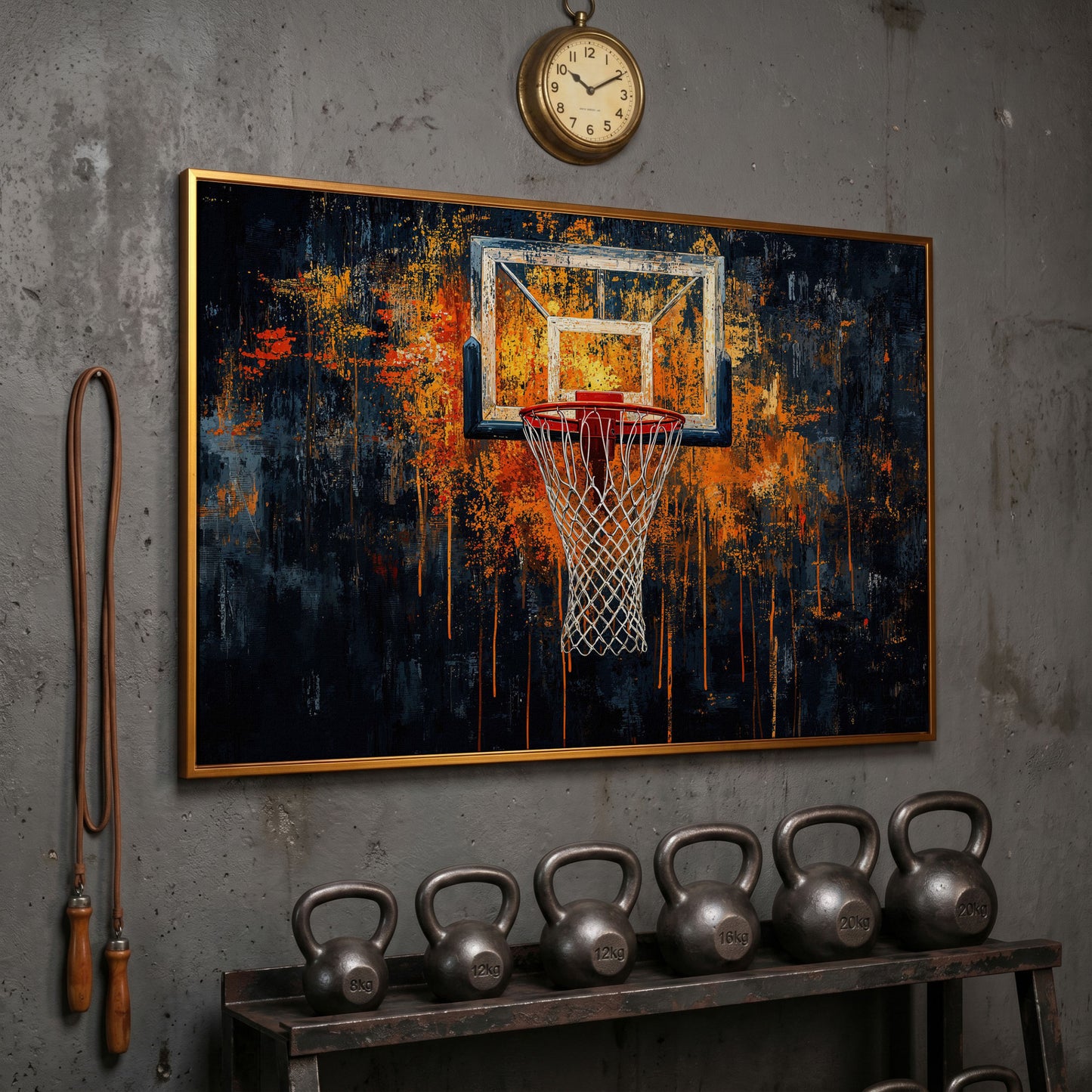 Basketball Abstract Canvas for Teen Rooms in antique gold floating frame