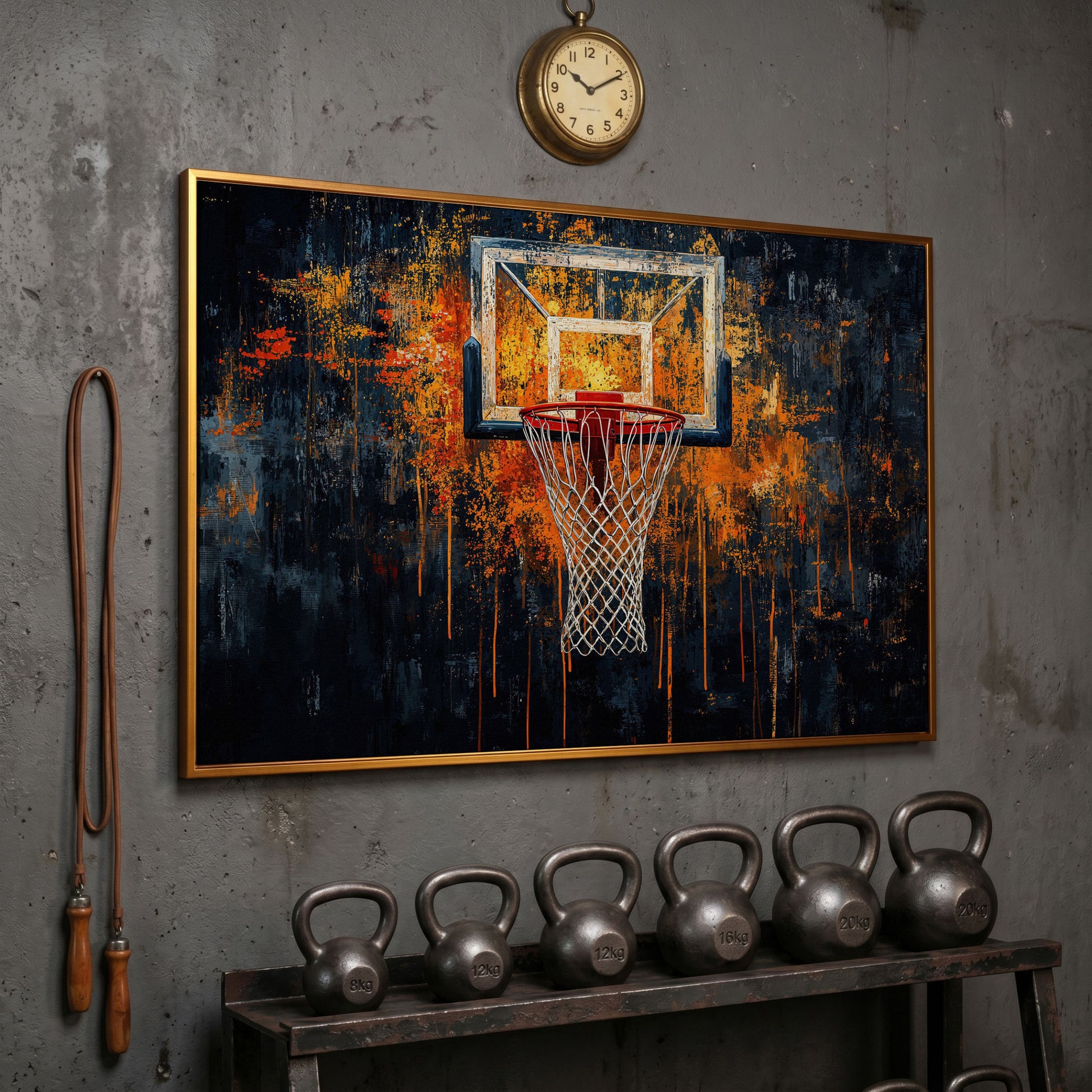 Basketball Abstract Canvas for Teen Rooms in antique gold floating frame