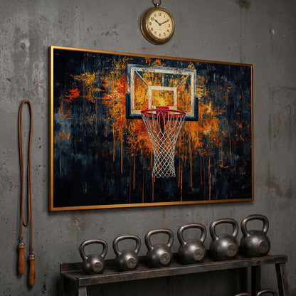 Basketball Abstract Canvas for Teen Rooms in antique gold floating frame