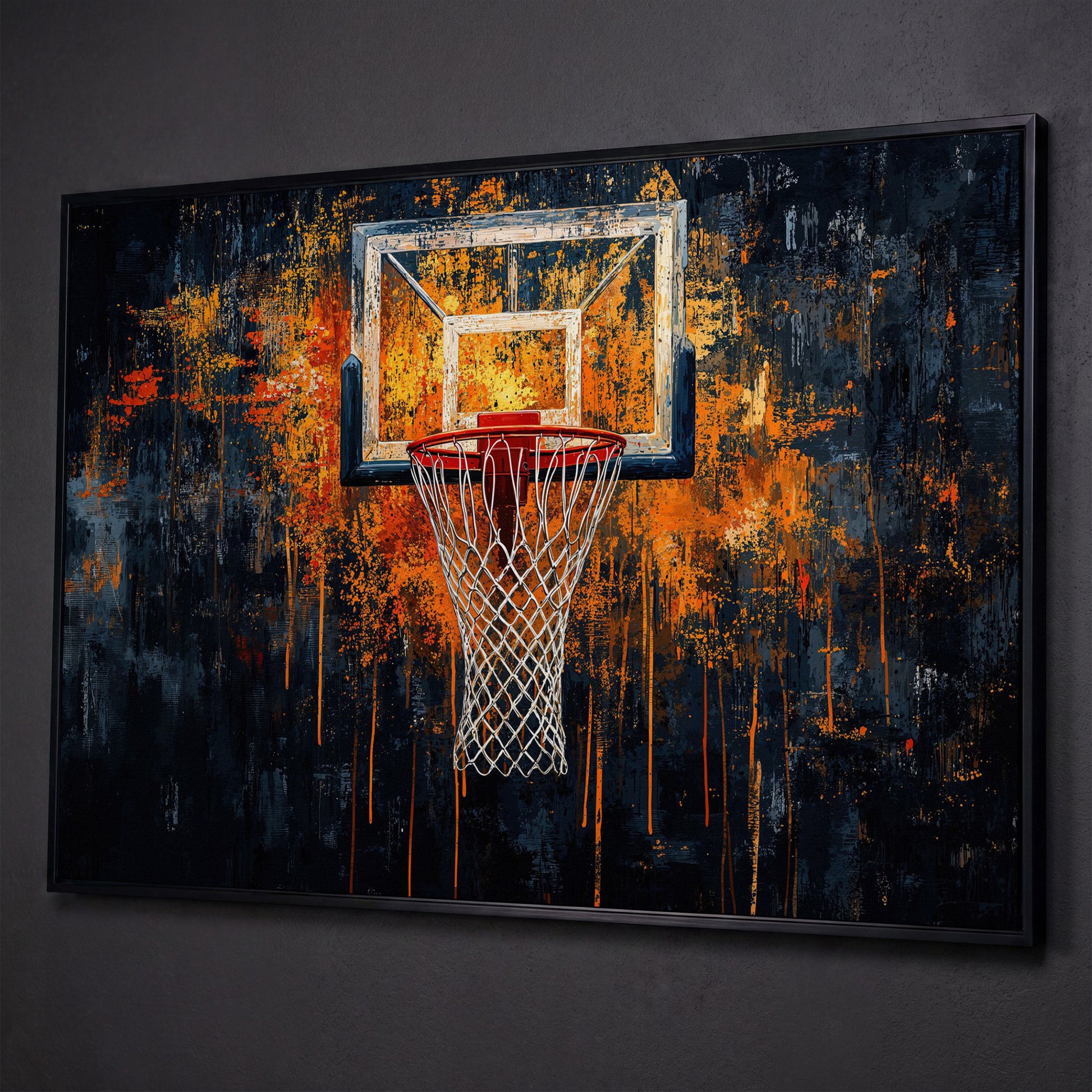 Basketball Abstract Canvas for Teen Rooms shown in black floating frame