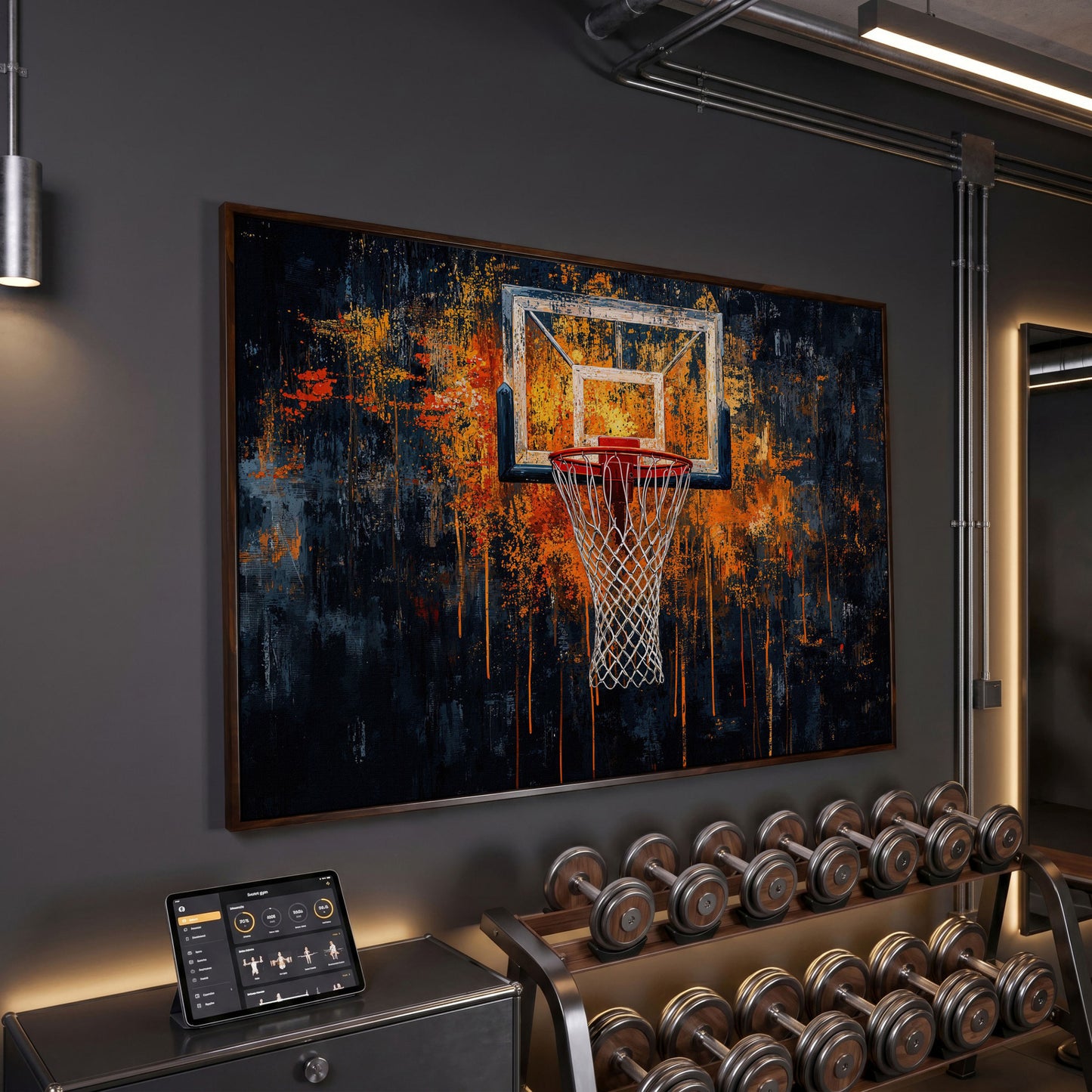 Basketball Abstract Canvas for Teen Rooms in dark walnut floating frame