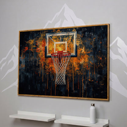 Basketball Abstract Canvas for Teen Rooms in white oak floating frame