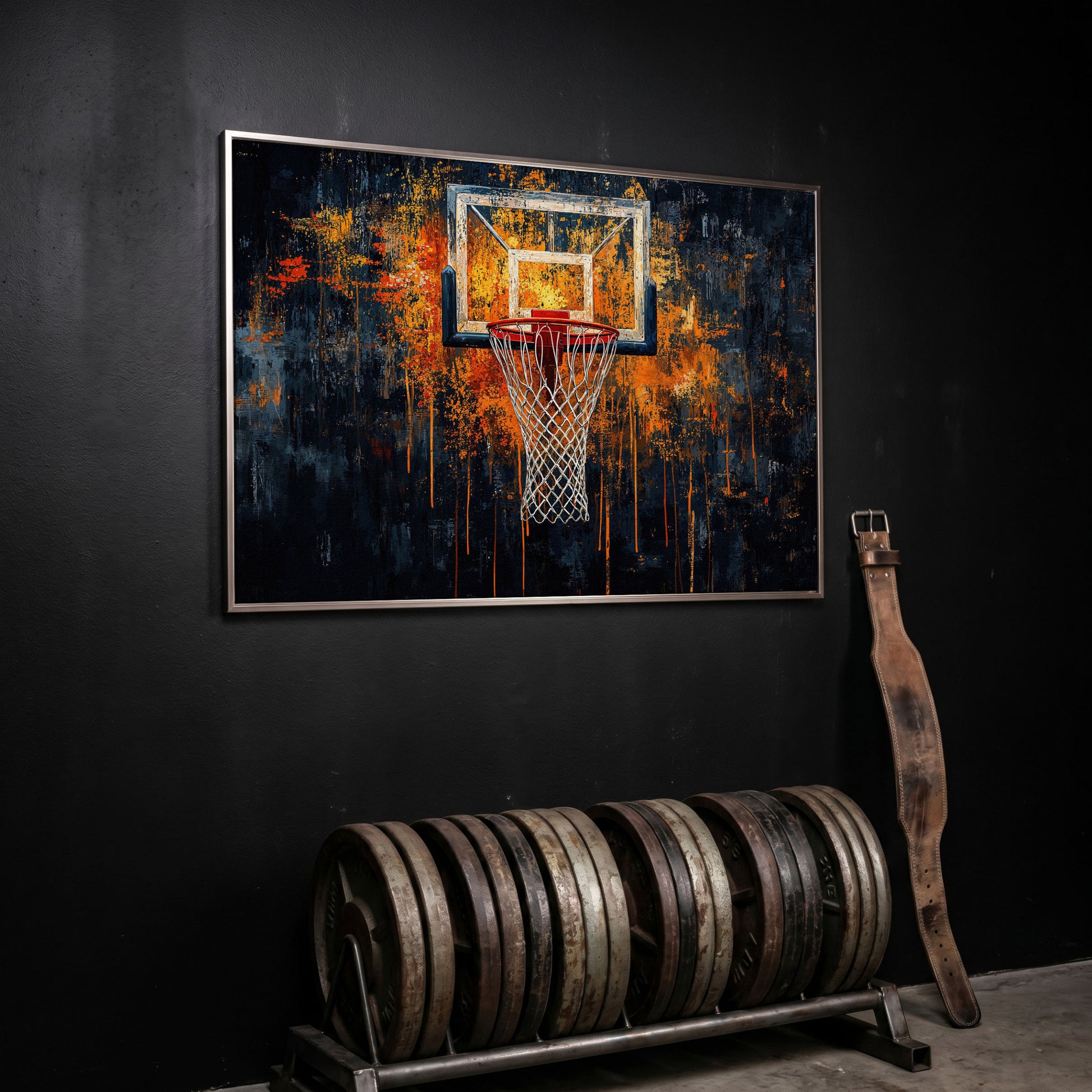 Basketball Abstract Canvas for Teen Rooms in silver floating frame