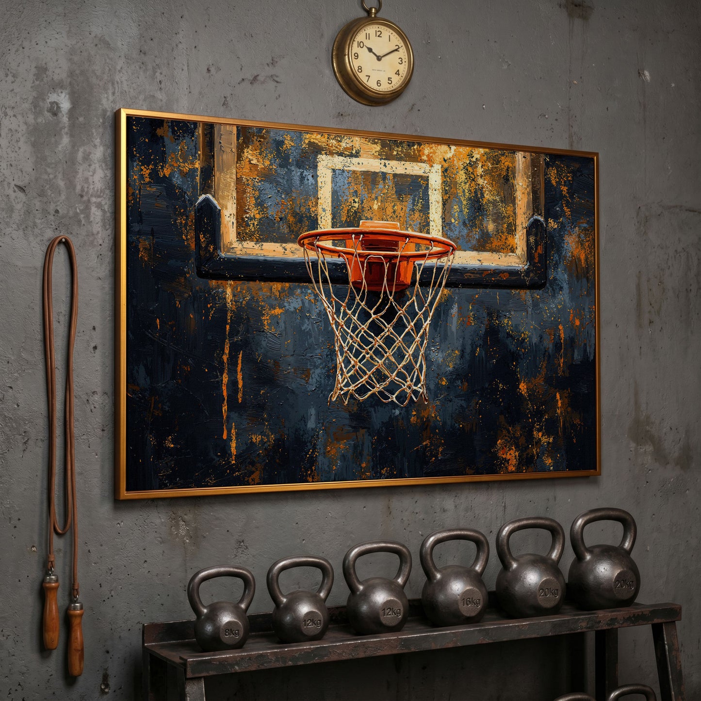 Basketball Hoop from Below Canvas Print in antique gold floating frame