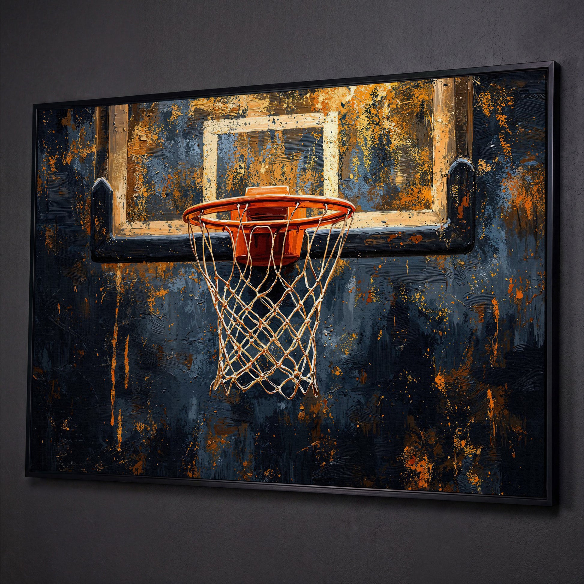 Basketball Hoop from Below Canvas Print shown in black floating frame